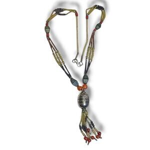 Vintage Ethnic Gemstone Bead Multi-strand Necklace Jade Carnelian Coral 22"‎